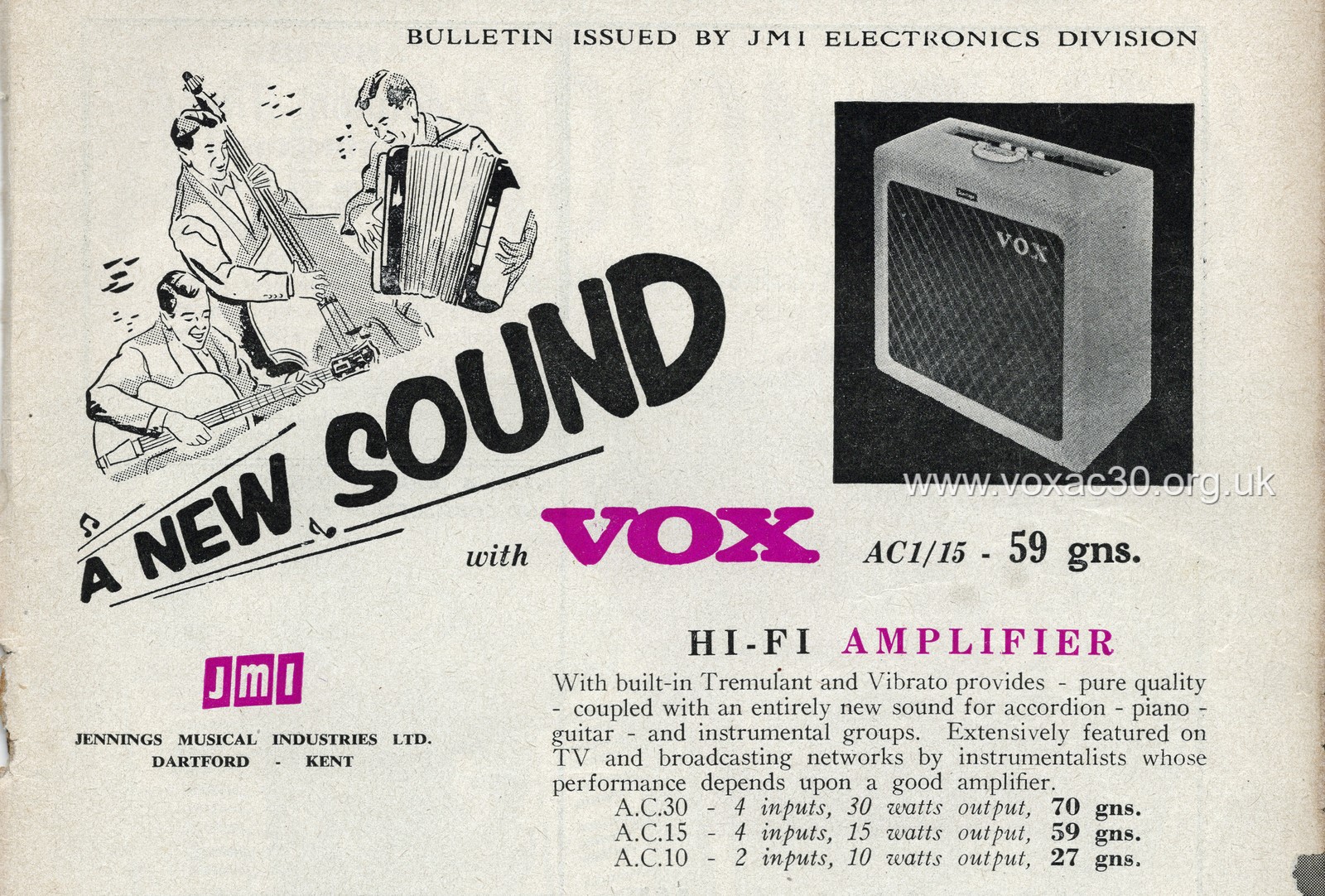 Jennings advert for the Vox AC1/15, July 1959