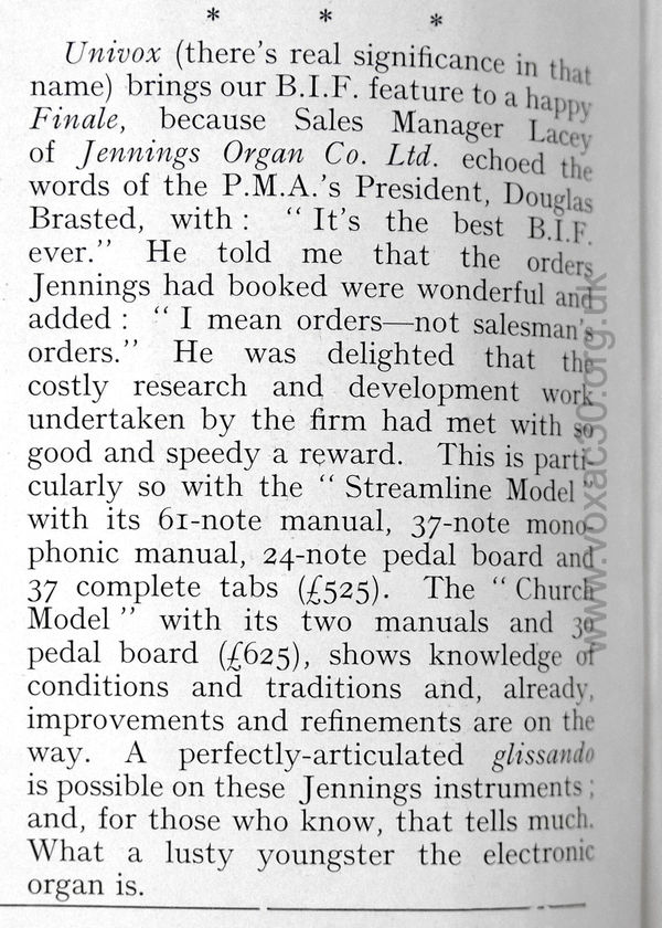 Jennings Organ Company, British Industries Fair