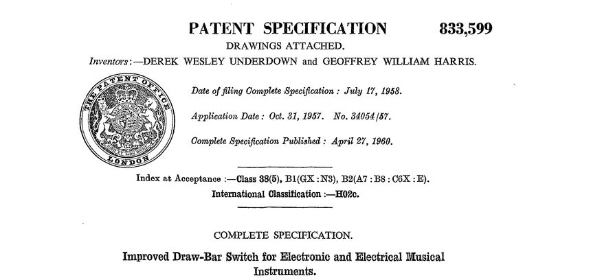 Jennings patent, organ drawbars, Geoff Harris and Derek Underdown