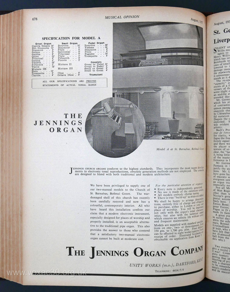 The Jennings Organ Company, August 1957