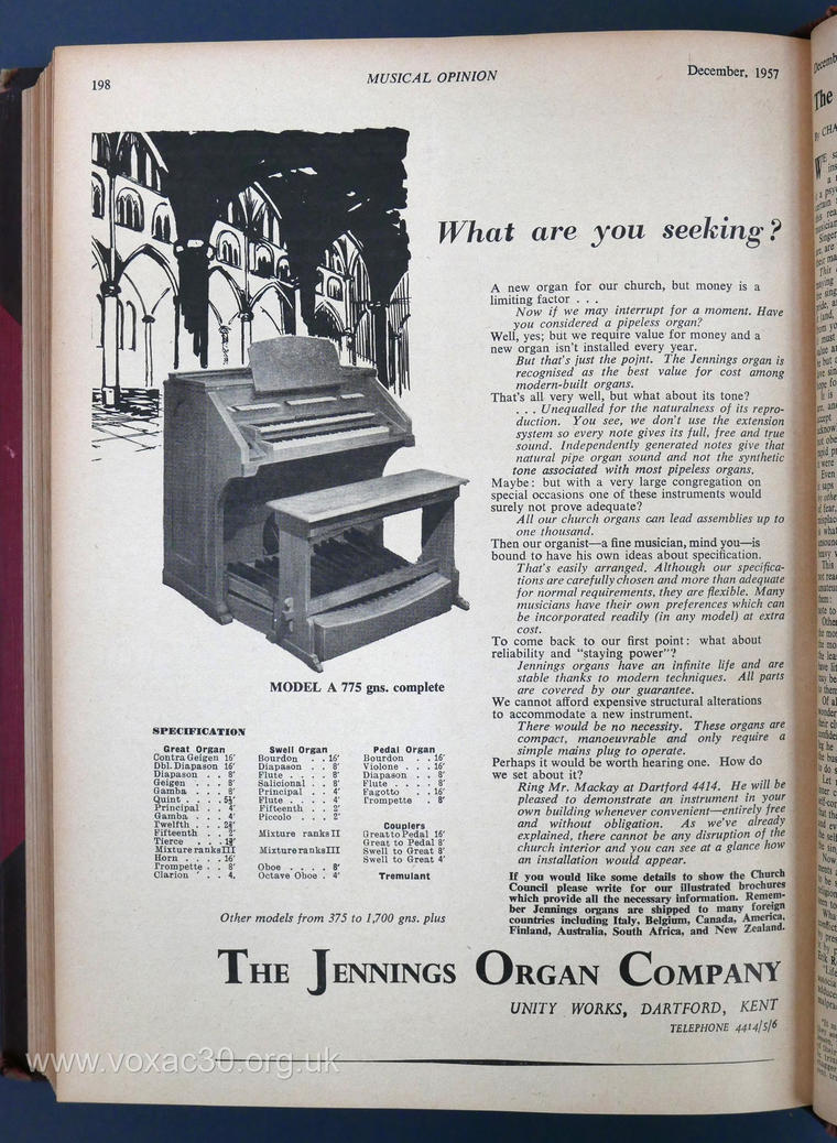 The Jennings Organ Company, December 1957