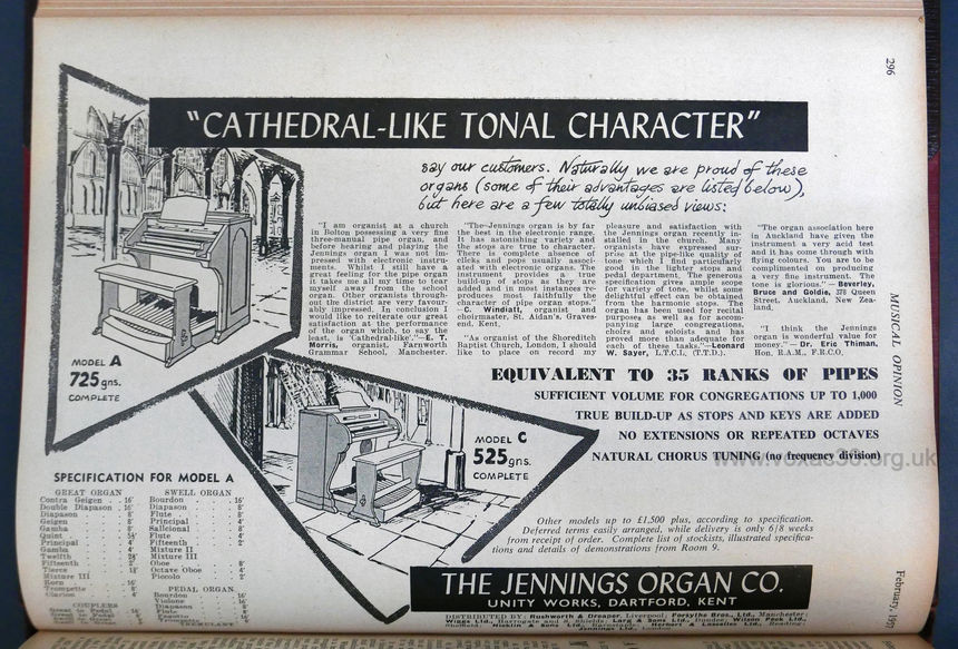 The Jennings Organ Company, advert in Musical Opinion magazine, February, 1957