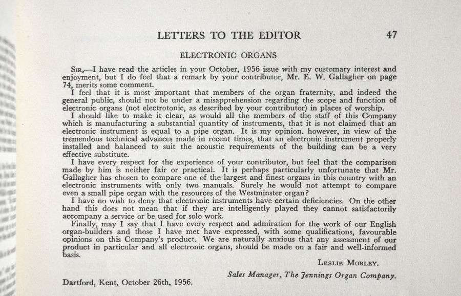Leslie Morley of The Jennings Organ Company, in The Organ, October 1957
