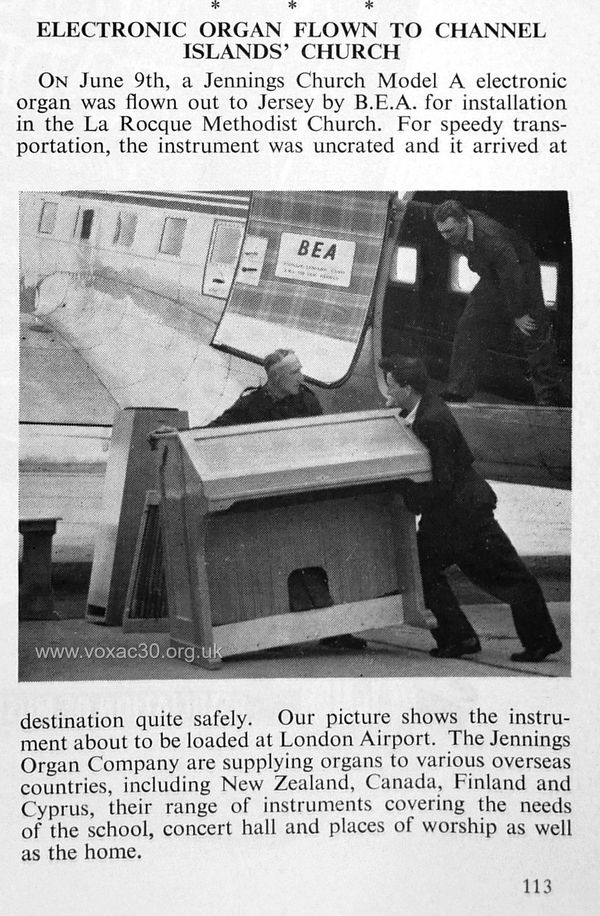 Jennings Model A organ, air-freighted, June 1957