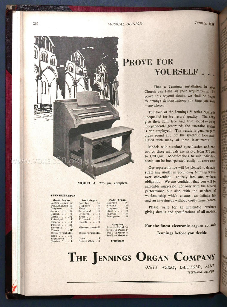Musical Opinion magazine, January 1958.  The Jennings Organ Company electronic organs