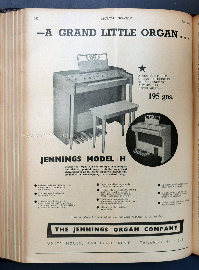 Musical Opinion magazine, July 1958.  The Jennings Organ Company electronic organs