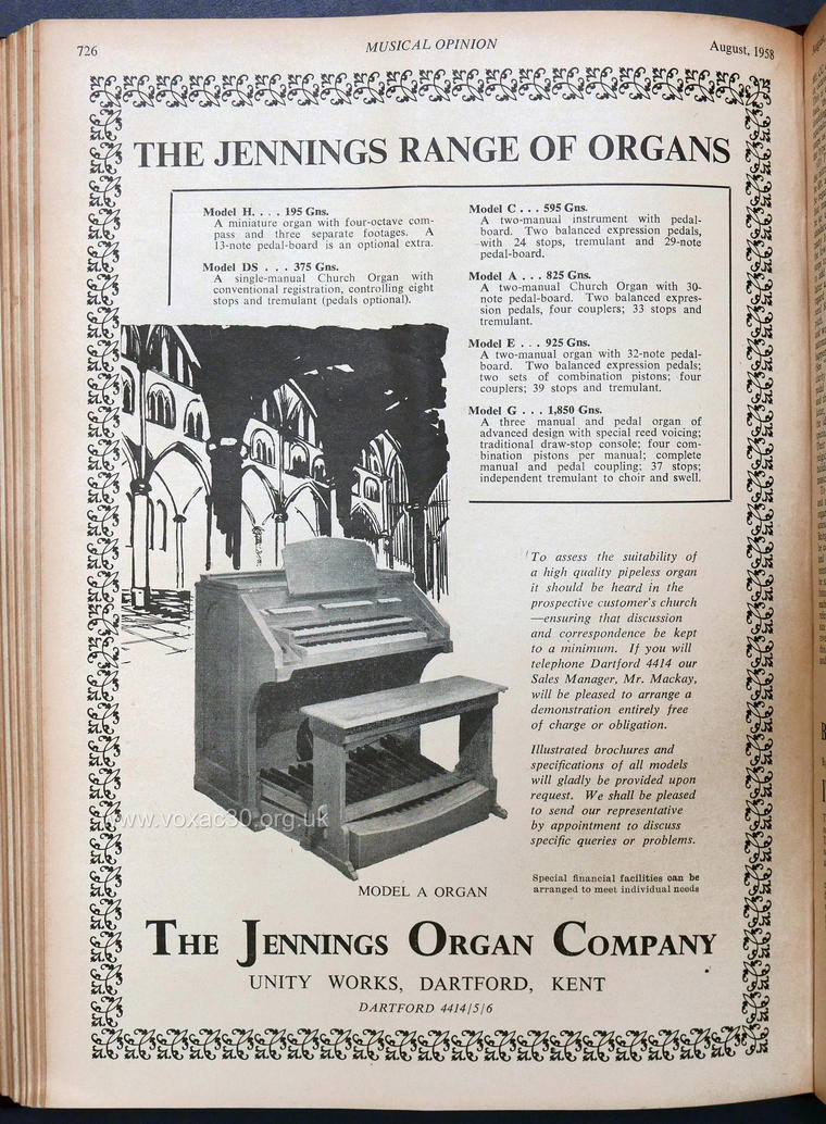 Musical Opinion magazine, August 1958.  The Jennings Organ Company electronic organs