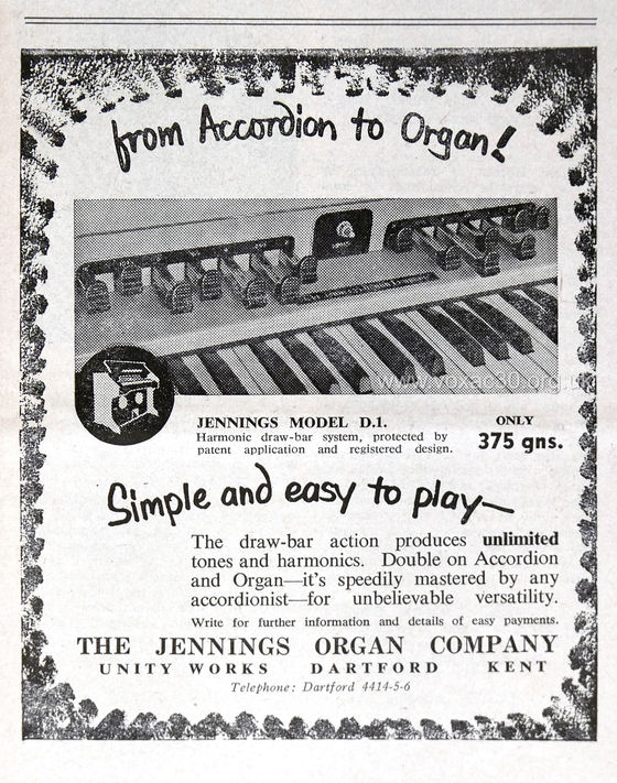 Accordion Times magazine, January 1958.  The Jennings Organ Company D1 electronic organs