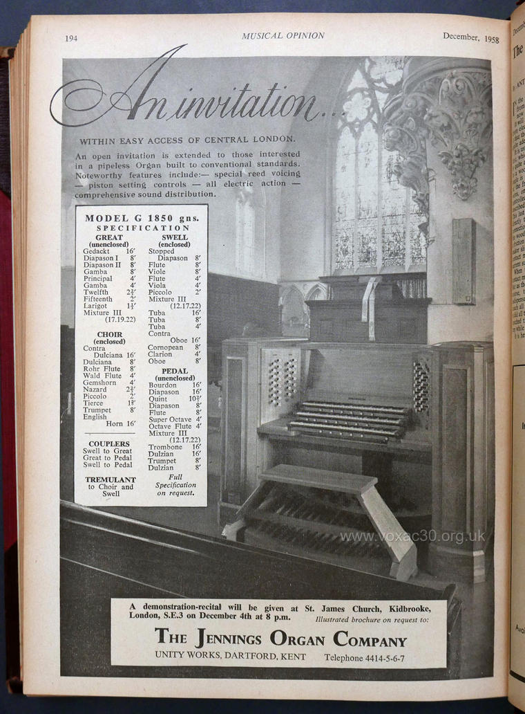 Musical Opinion magazine, December 1958.  The Jennings Organ Company electronic organs