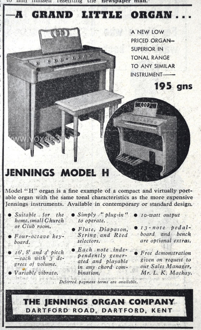 Musical Opinion magazine, June 1958.  The Jennings Organ Company electronic organs