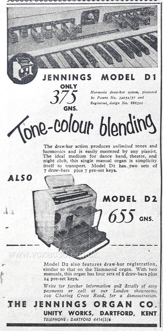 Musical Opinion magazine, January 1958.  The Jennings Organ Company electronic organs