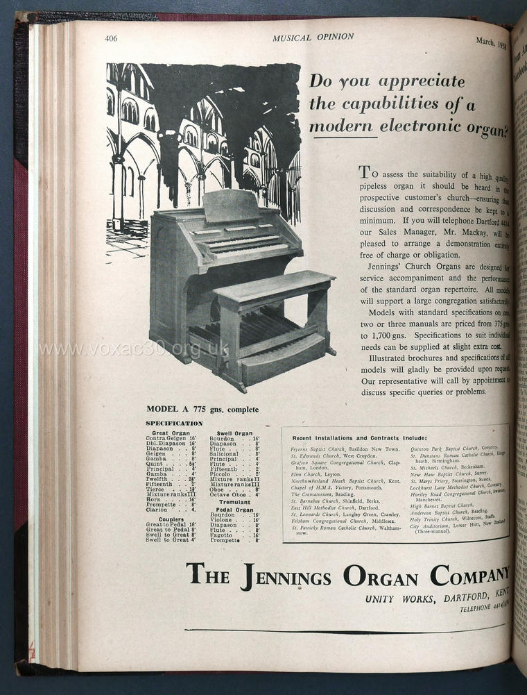 Musical Opinion magazine, March 1958.  The Jennings Organ Company electronic organs