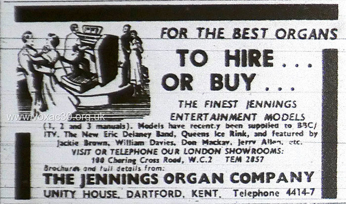 NME, October 1958.  The Jennings Organ Company electronic organs