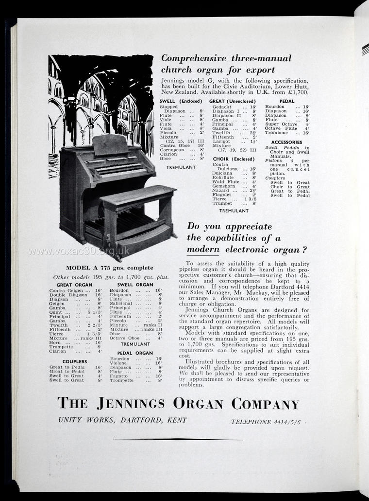The Organ, April 1958.  The Jennings Organ Company electronic organs