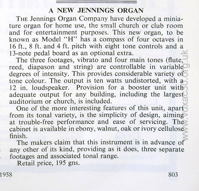 Jennings Model H organ, February 1958