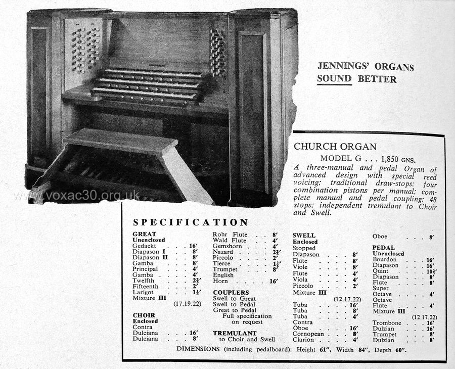 Musical Opinion magazine, June 1958.  The Jennings Organ Company Model G