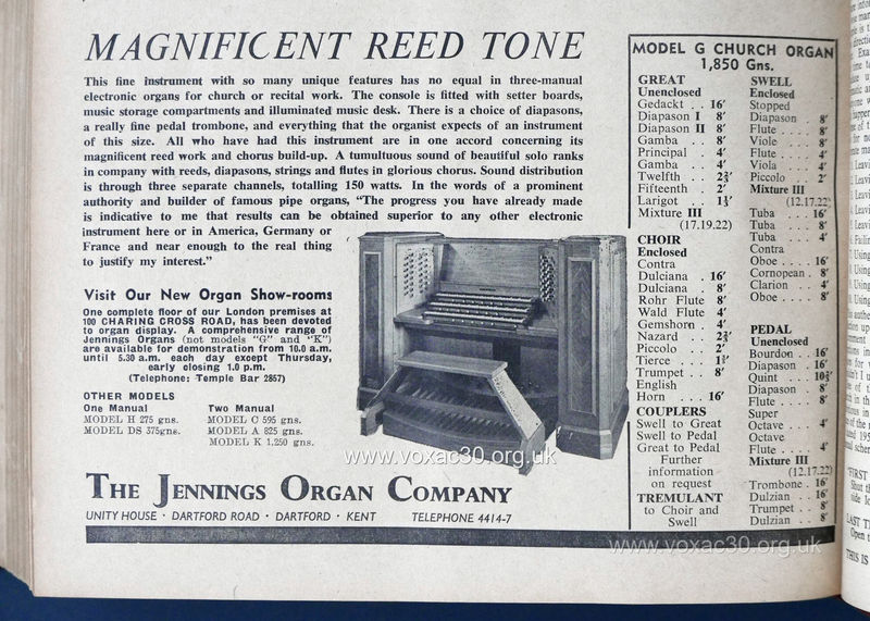 Musical Opinion magazine, December 1959.  The Jennings Organ Company electronic organs