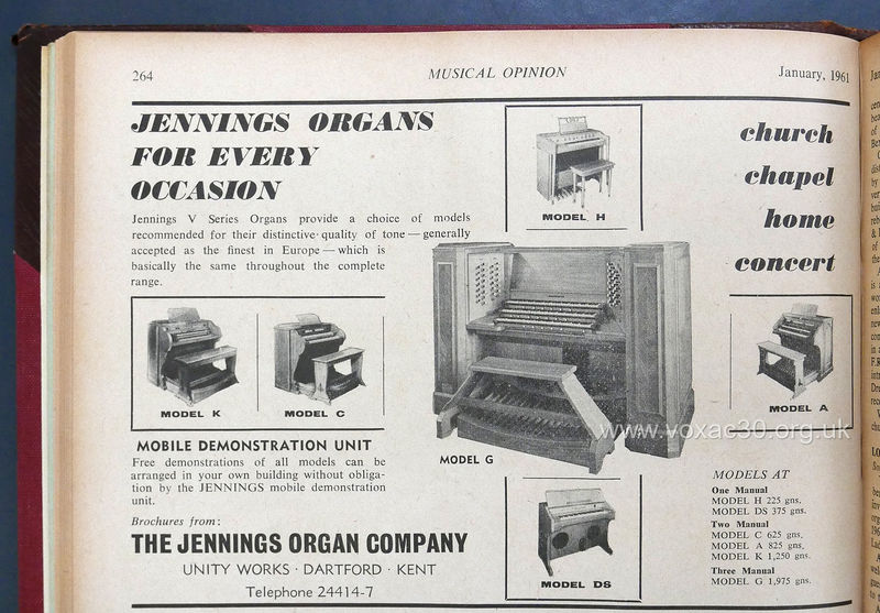 Musical Opinion magazine, January 1961.  The Jennings Organ Company electronic organs