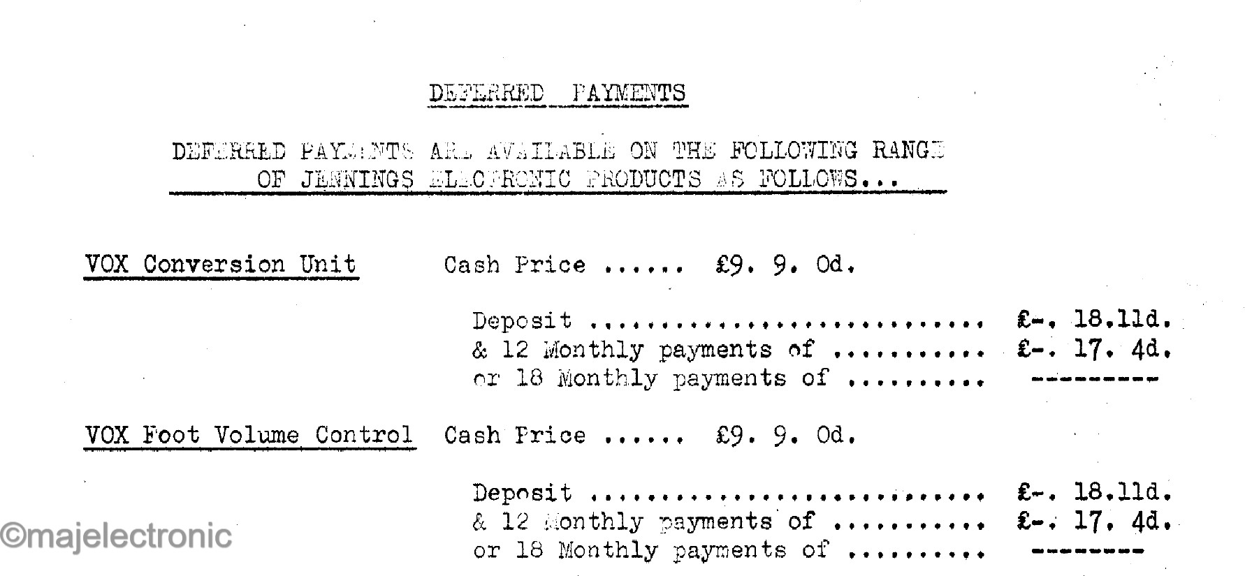 Vox volume pedal, JMI pricelist, late 1957