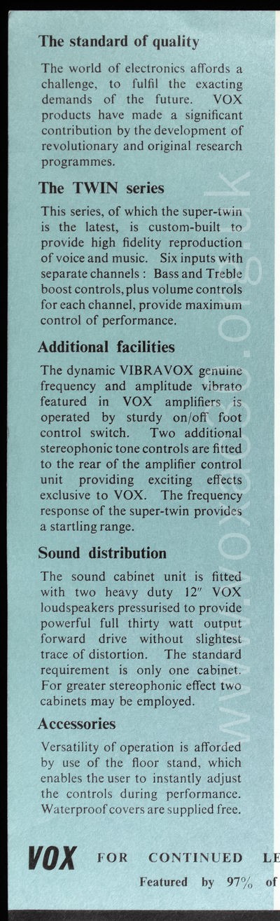 Jennings flyer for the Vox Phantom guitar and new AC30 Super Twin amplifiers